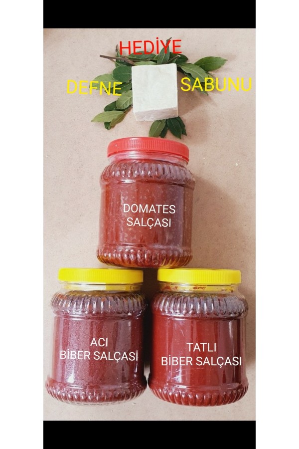 Domates, Acı-Tatlı Biber Salçası 2'şer kg 3'lü set 3 x 2 + Defne Sabunu Hediye Domates, Acı-Tatlı Biber Salçası 2'şer kg 3'lü set 3 x 2 + Defne Sabunu Hediye